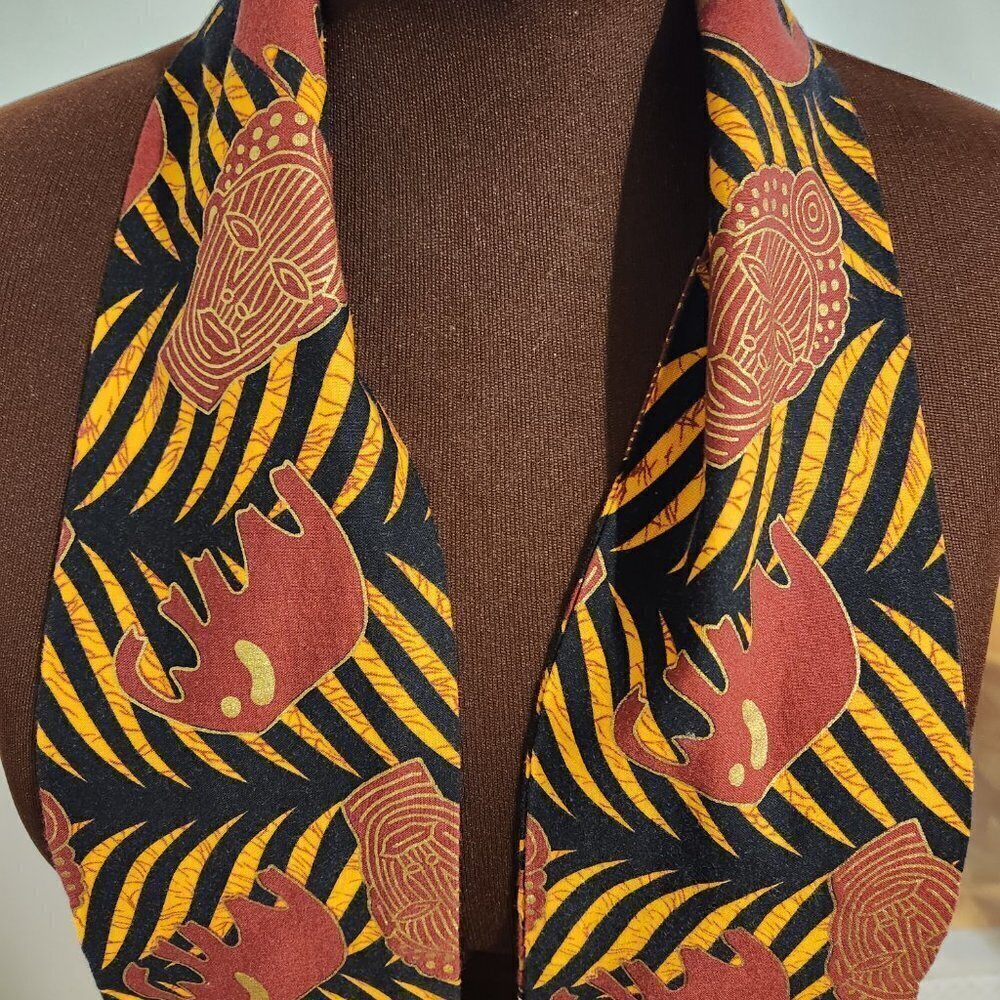Hand Crafted Ankara African Print Scarf or Stole Burgundy Gold Black 62" x 4" He